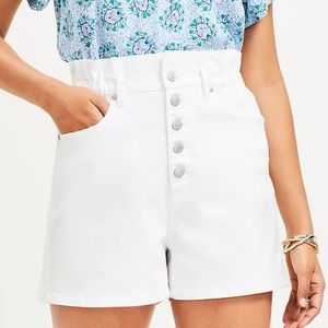 Loft Button Front High Rise Paperbag Pull On Denim Shorts in White NWOT